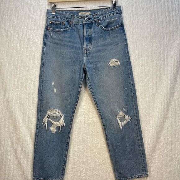 Levi’s Blue Distressed High Rise Crop Wedgie Straight Denim Jeans Size 29 - Picture 1 of 9
